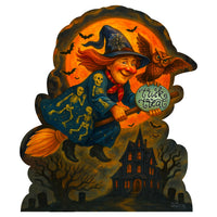 Trick or Treat Flying Witch Freestanding Outdoor Wood Sign