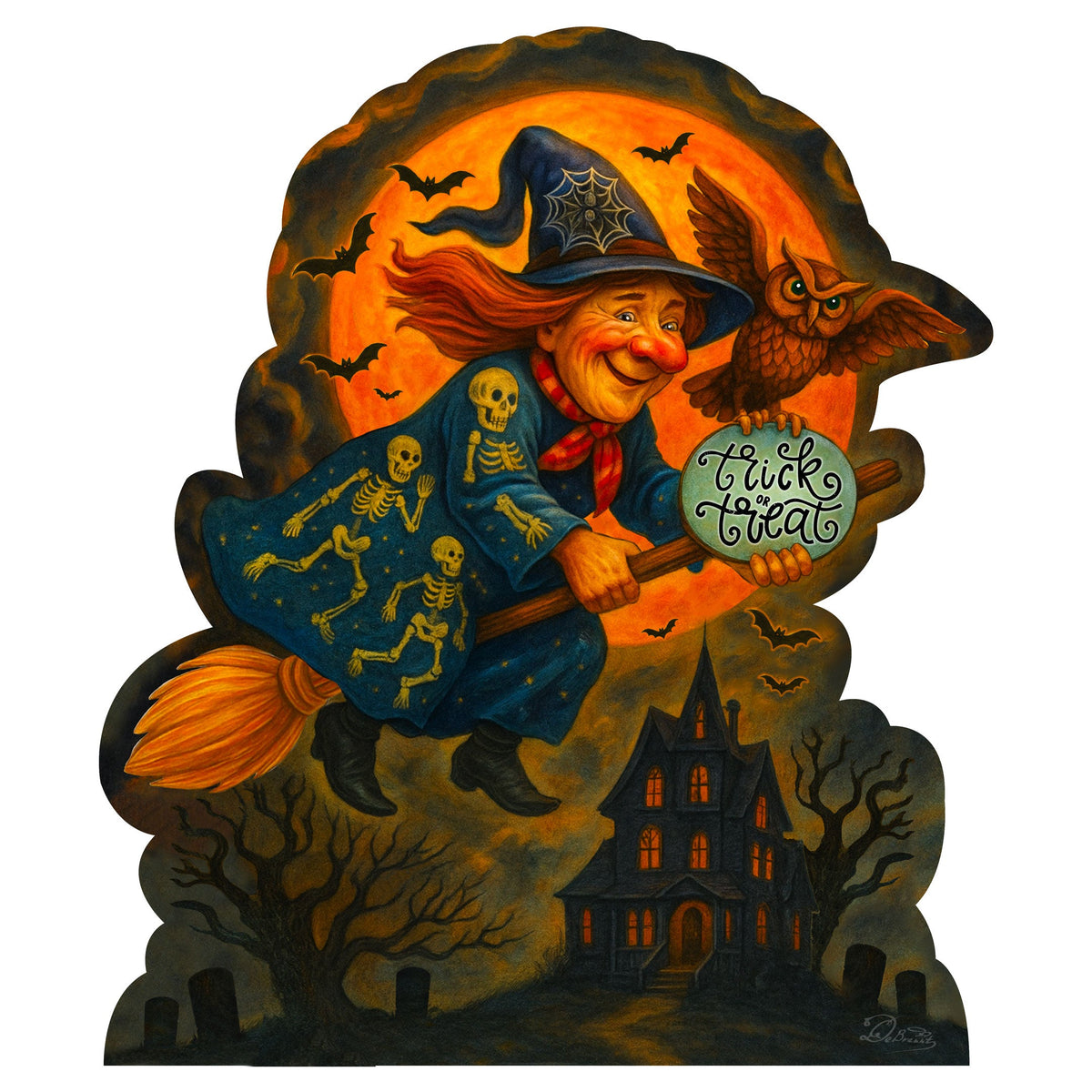 Trick or Treat Flying Witch Freestanding Outdoor Wood Sign
