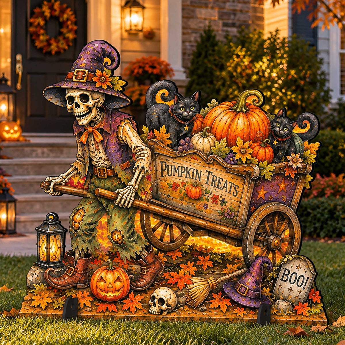 A large Halloween yard decoration featuring a skeleton wizard pushing a cart labeled 'Pumpkin Treats,' filled with pumpkins, gourds, acorns, autumn leaves, skulls, a small tombstone reading 'BOO!', and two black cats, staged on a lawn in front of a decorated house.
