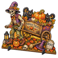 Skeleton Warlock & Black Cats Freestanding Wood Yard Decor