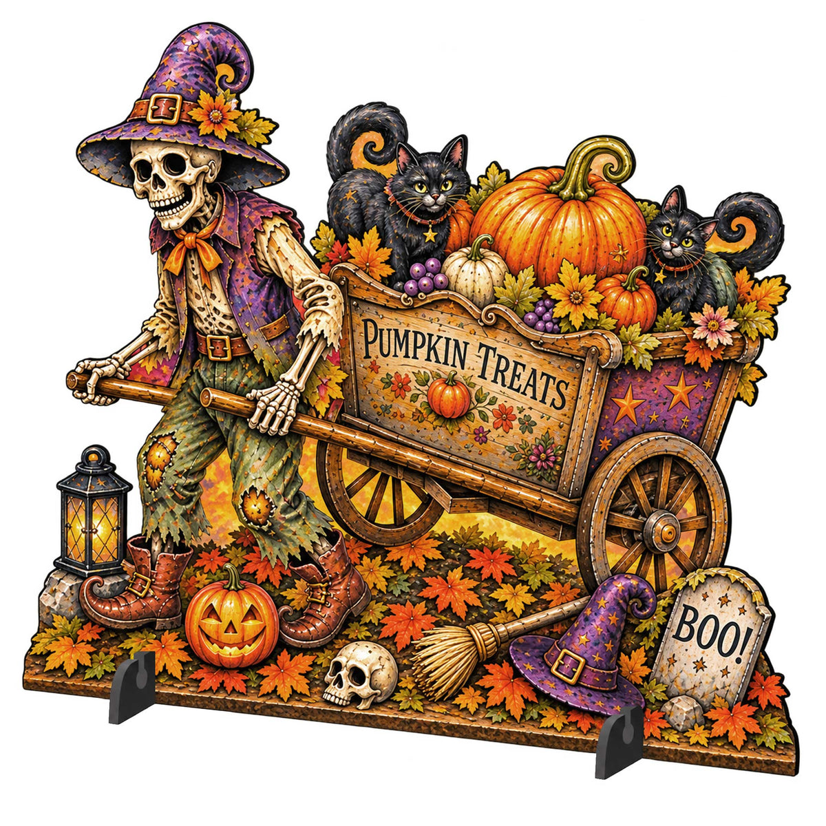 Skeleton Warlock & Black Cats Freestanding Wood Yard Decor