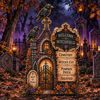 Halloween decorative tombstone sign shaped like a small gothic graveyard with a gate, crosses, flowers, crows, and a sign reading “Welcome to Witchfield” and “Cemetery Witch’s Cot Pumpkin Patch Haunted,” shown in a spooky cemetery setting.