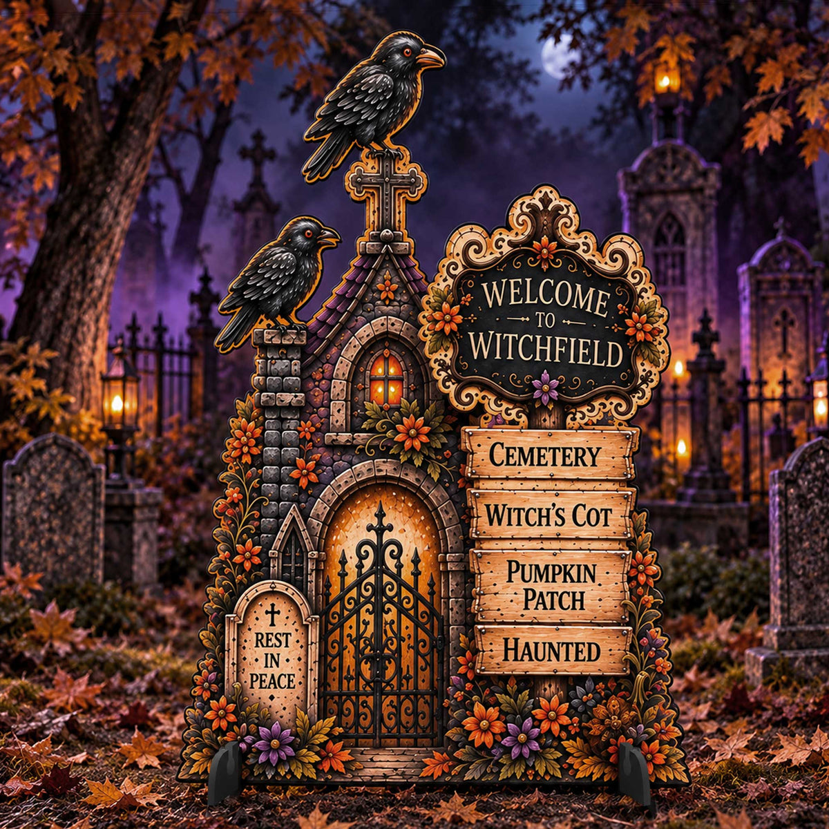 Halloween decorative tombstone sign shaped like a small gothic graveyard with a gate, crosses, flowers, crows, and a sign reading “Welcome to Witchfield” and “Cemetery Witch’s Cot Pumpkin Patch Haunted,” shown in a spooky cemetery setting.
