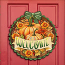 fall pumpkin welcome wreath wood door sign