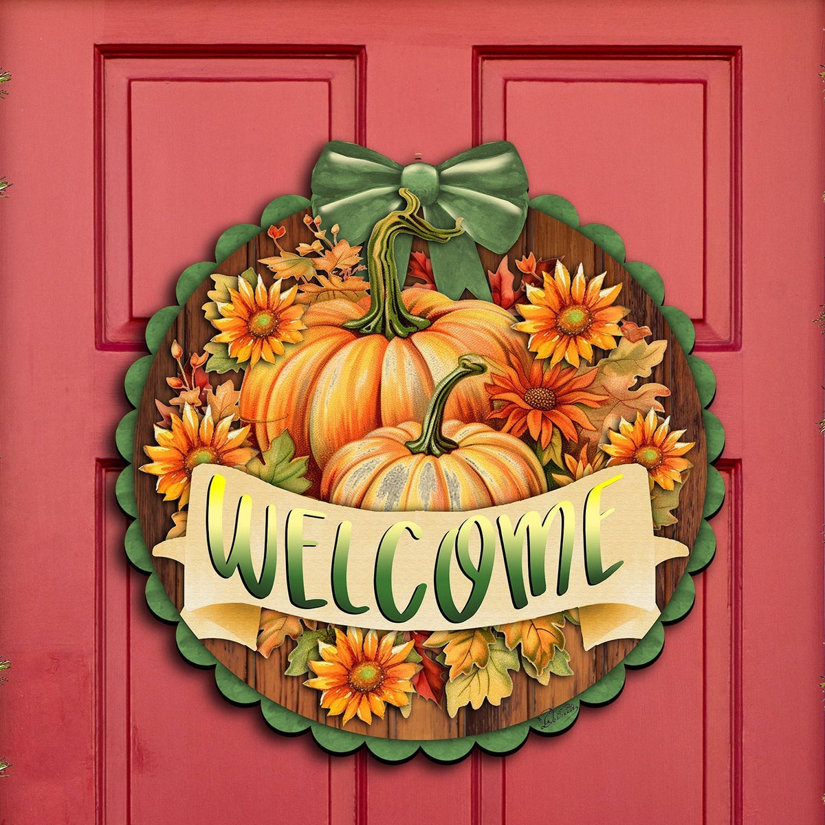 fall pumpkin welcome wreath wood door sign