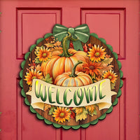 fall pumpkin welcome wreath wood door sign