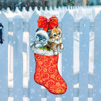 christmas morning kittens in  a stocking door hanger