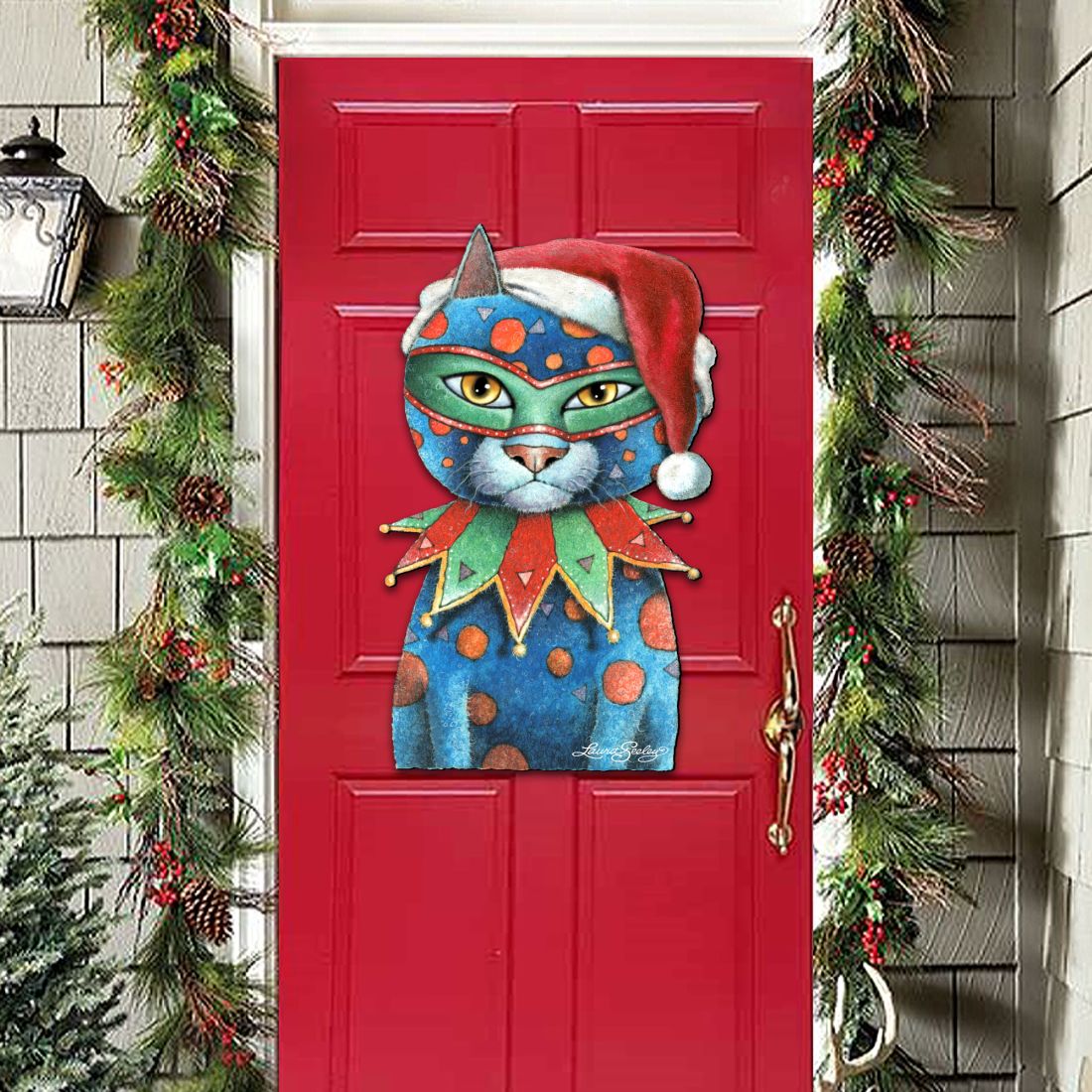 Modern Jester Christmas Cat Wood Door Hanger