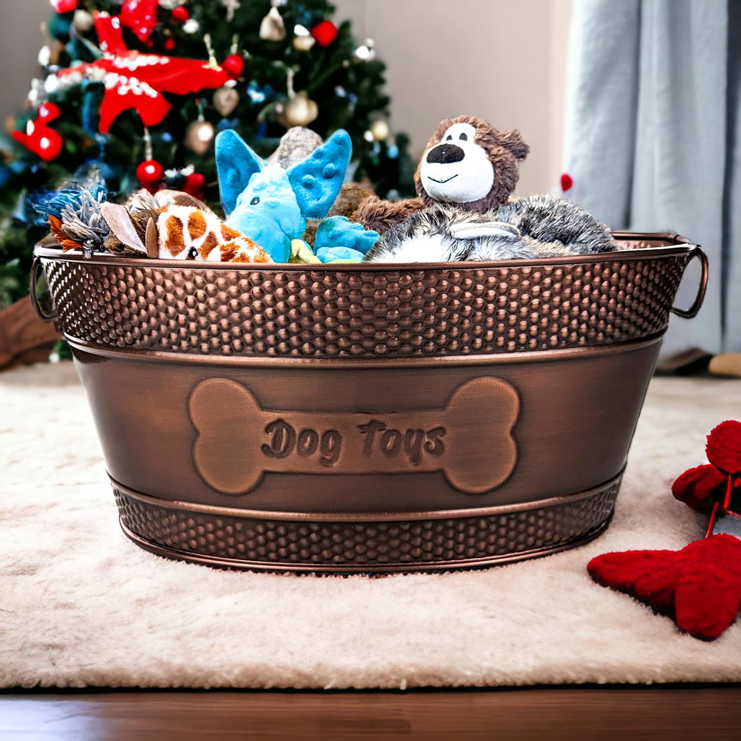 Dog Toy Bin Indestructible Metal – “Dog Toys” Bone Copper Oval Medium Storage Basket | BREKX