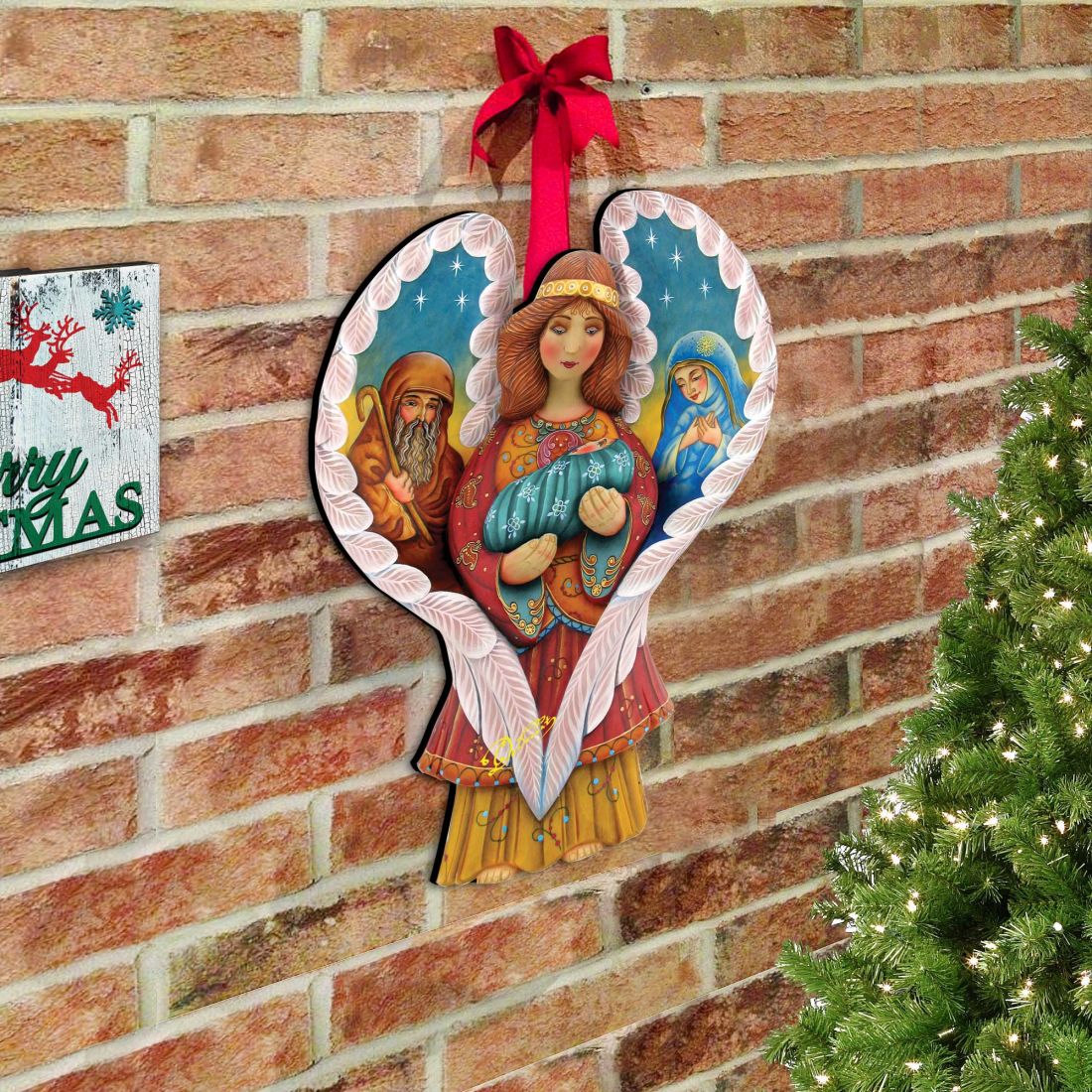 Folk Art Angel & Nativity Scene Door Hanger