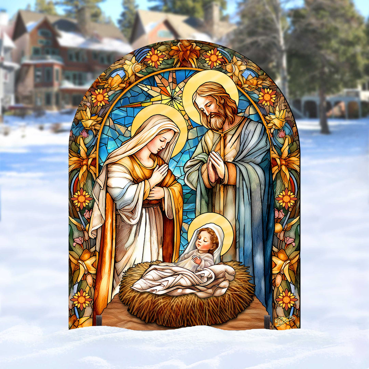Church Stained Glass Style Nativity Outdoor Art