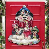 white Puppy dog and penguins Christmas door hanger