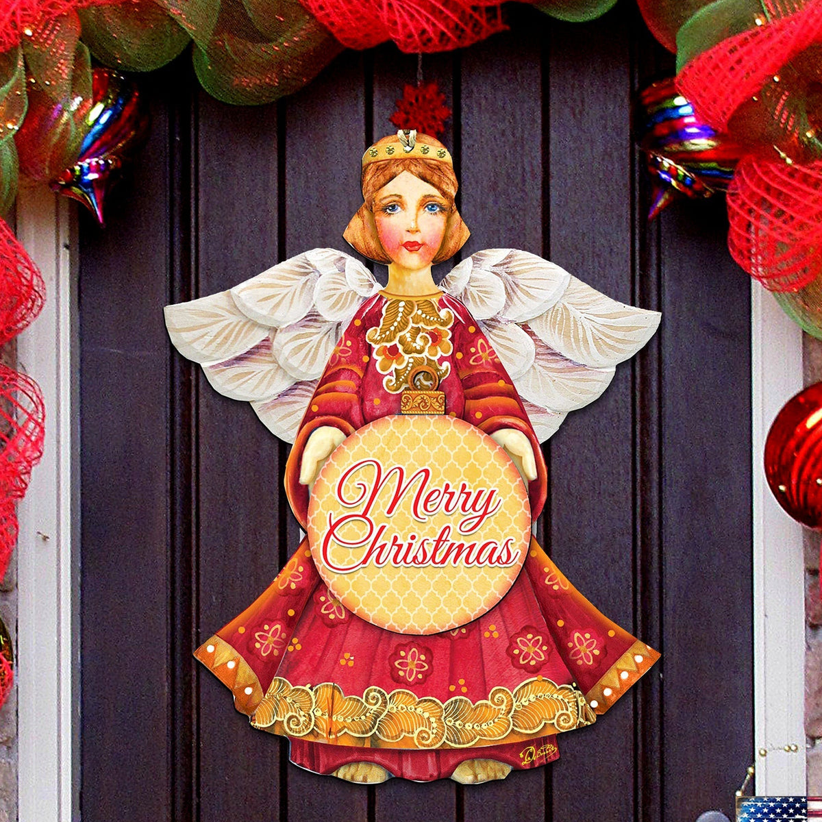 christmas angel door hanger with 'Merry Christmas' text on a door surrounded by festive decorations.