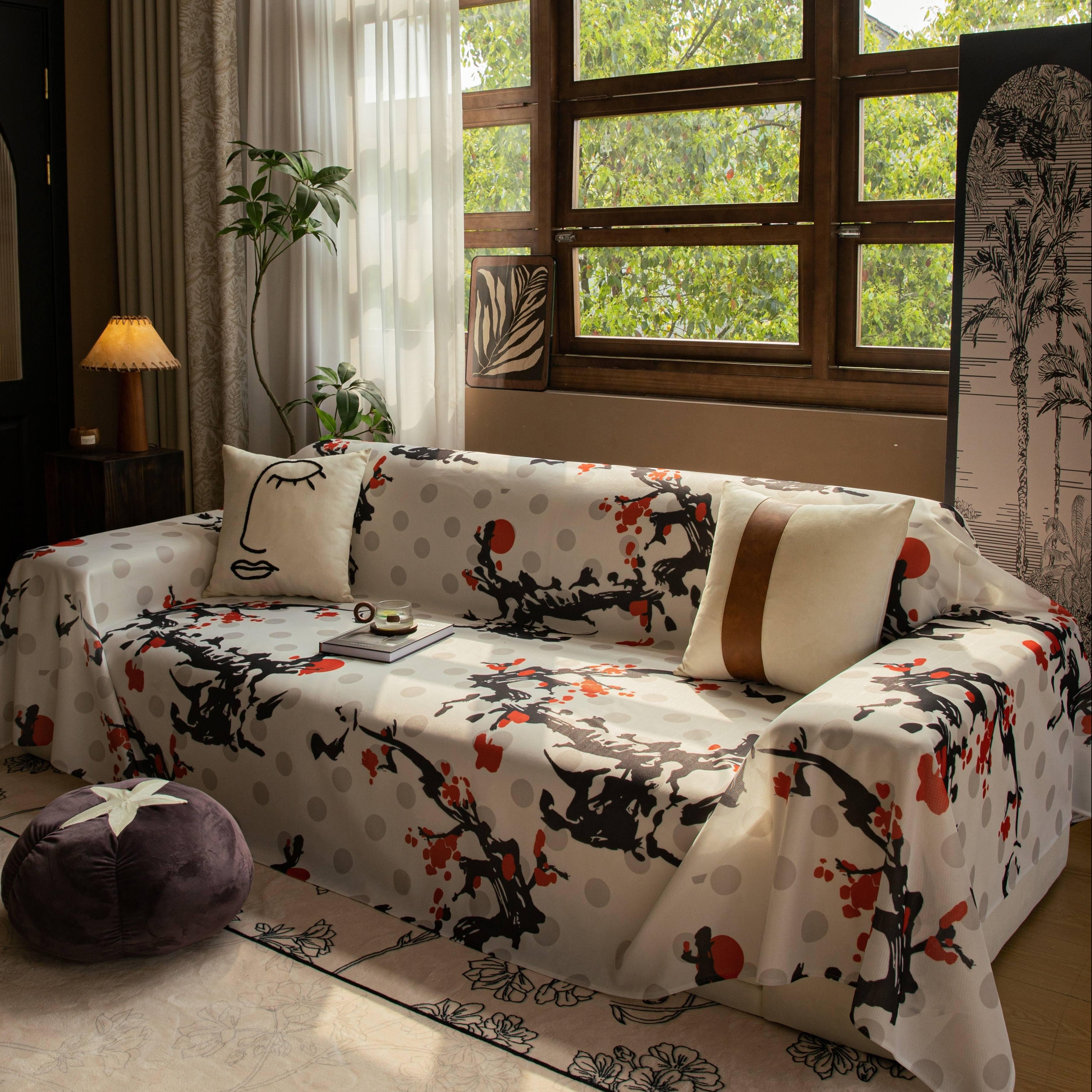 Japanese Abstract Plum Blossoms Modern Floral Sofa Throw Slipcover on Ice Silk Cooling Fabric in White, Black, Gray and Red in a living room scene