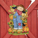 cute scarecrow, pumpkins and birds autumn wood front door sign