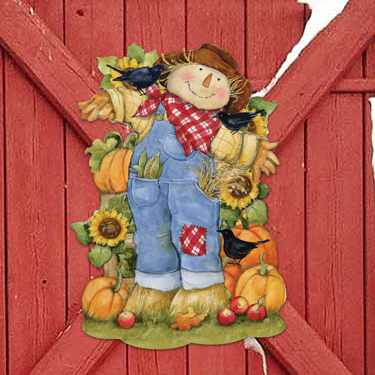 cute scarecrow, pumpkins and birds autumn wood front door sign
