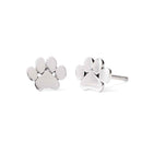 Silver paw print stud earrings on a white background