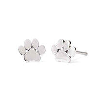 Silver paw print stud earrings on a white background