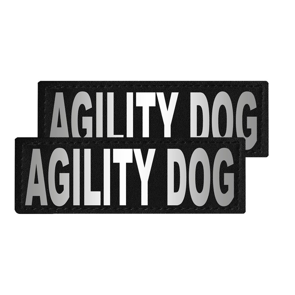 Two black patches with 'AGILITY DOG' text on a white background