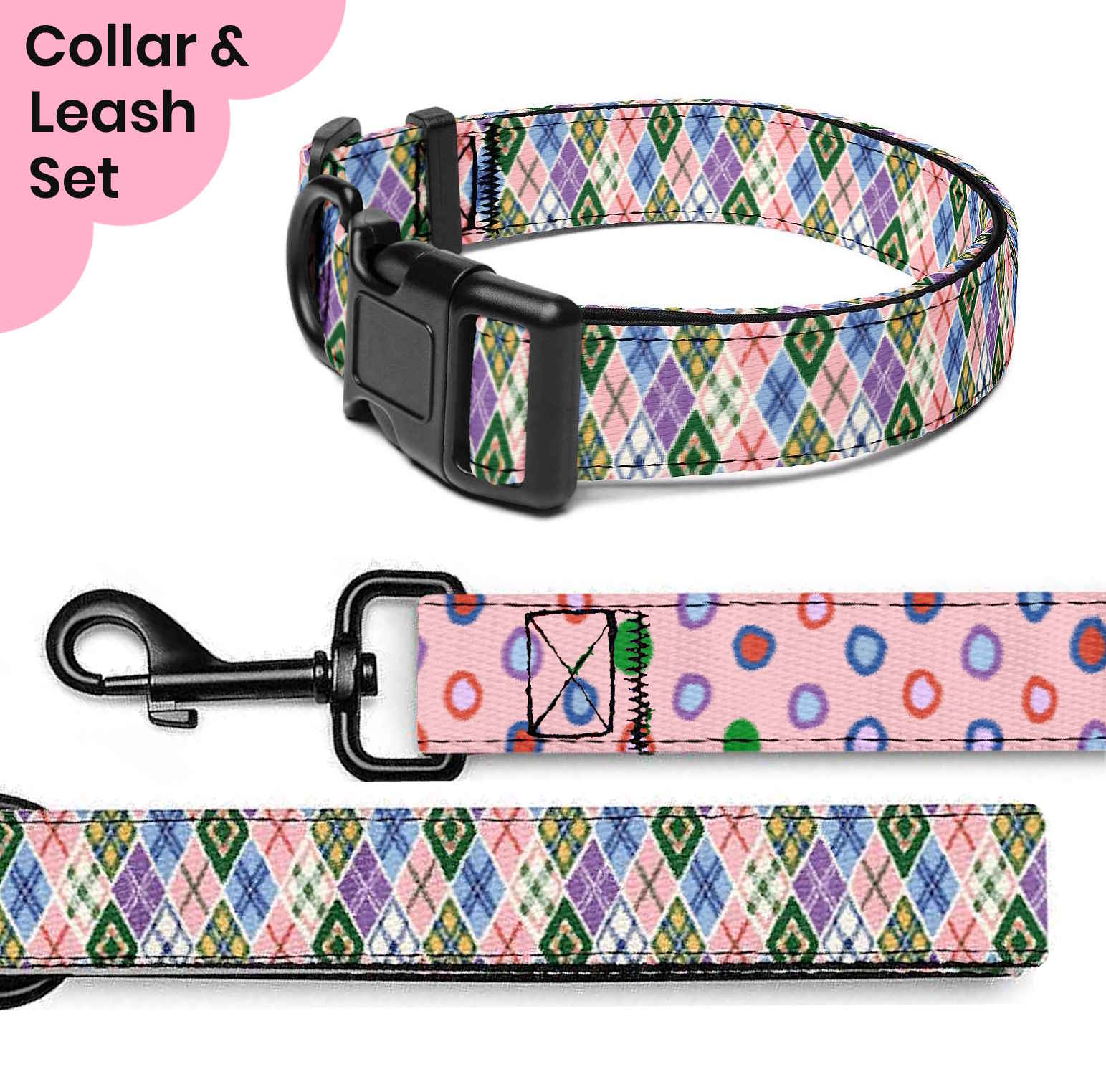 Argyle and Polka Dot Dog Collar & Leash