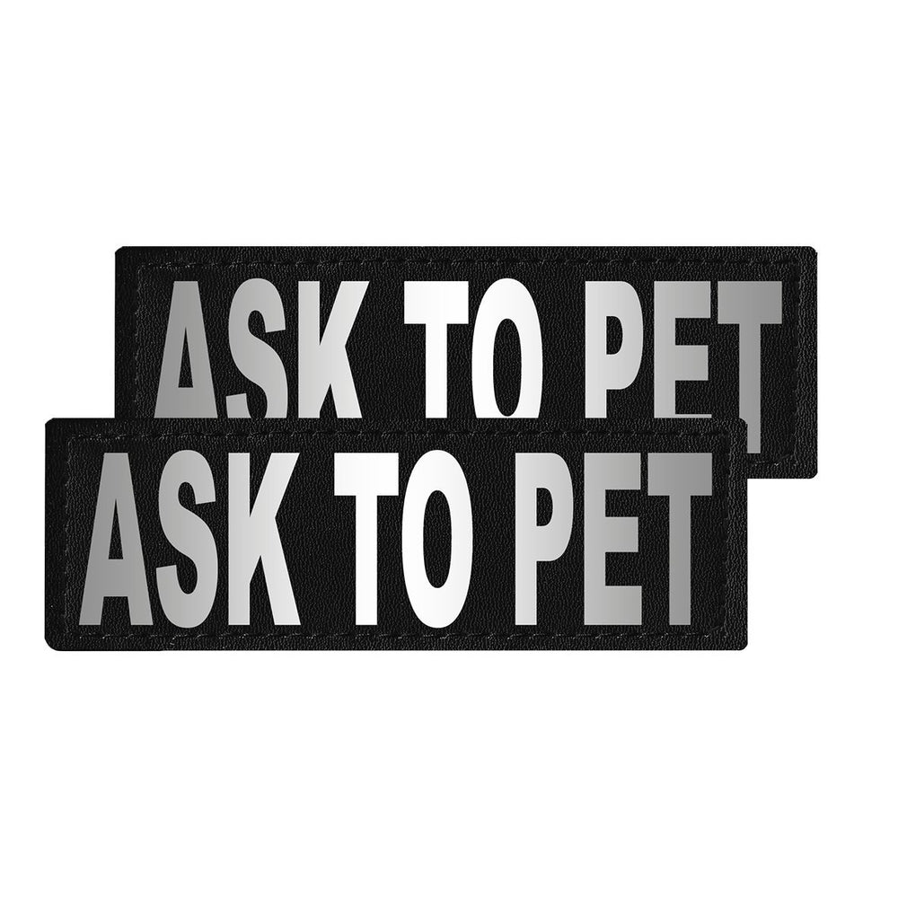 Two black patches with white text 'ASK TO PET' on a white background