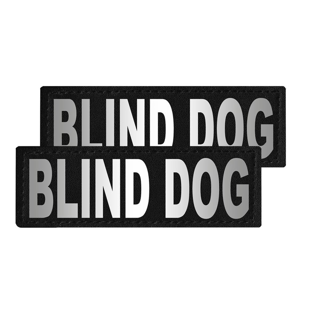 Two black patches with 'BLIND DOG' text on a white background