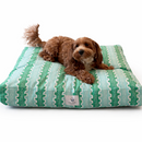 A small brown dog lies on a rectangle Designer Pet Bed with a Modern Tribal Boho pattern in Green, Seafoam and White on a plain white background.