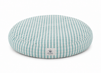 Designer Round cat and dog Bed in a Green/Blue and White Plaid in a beach coastal style. 
