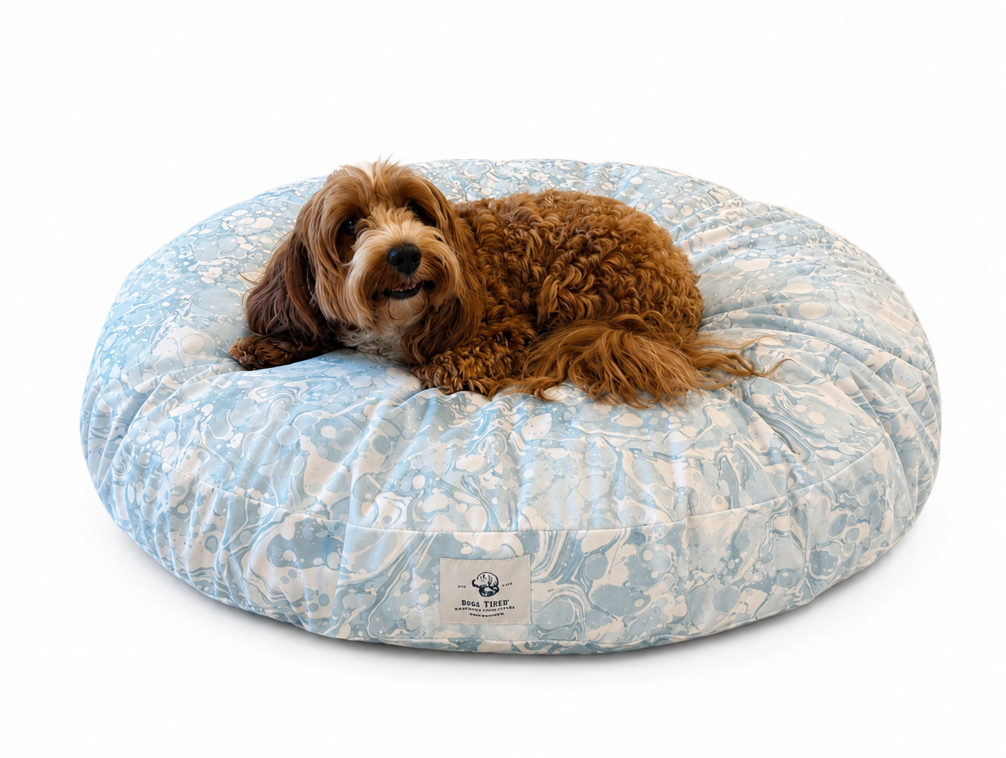 Dog lying on a blue and white patterned donut bed with a visible brand logo.