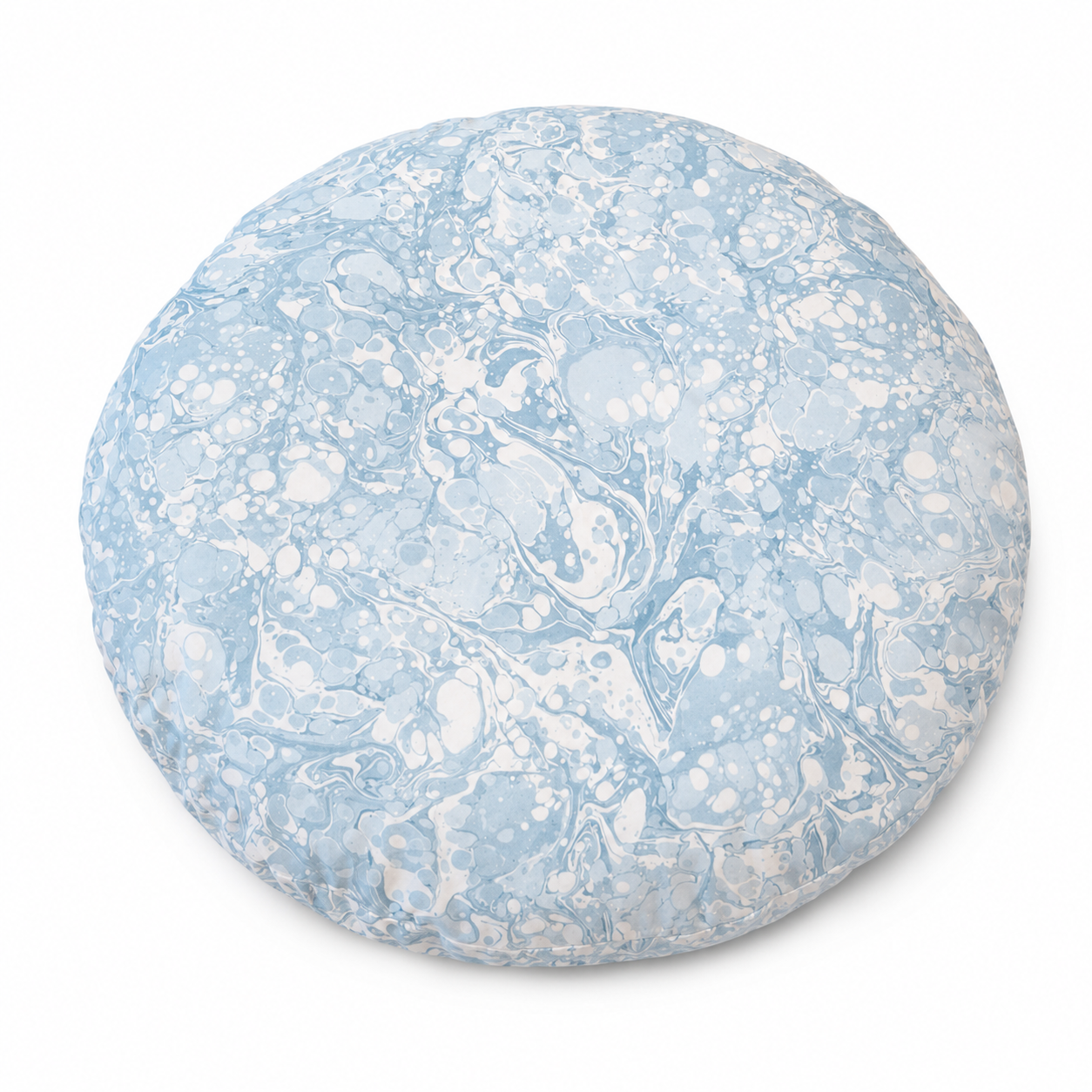 designer cat and dog donut bed with blue and white marbled pattern on a white background