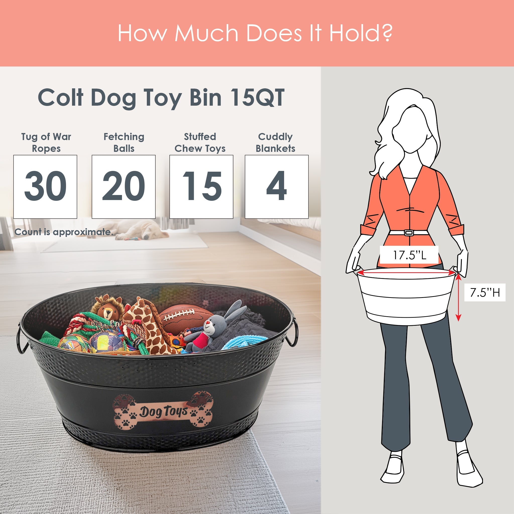 Dog Toy Bin Indestructible - Metallic "Dog Toys" Bone - Black Medium | BREKX