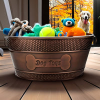 Dog Toy Bin Indestructible Metal – “Dog Toys” Bone Copper Oval Medium Storage Basket | BREKX