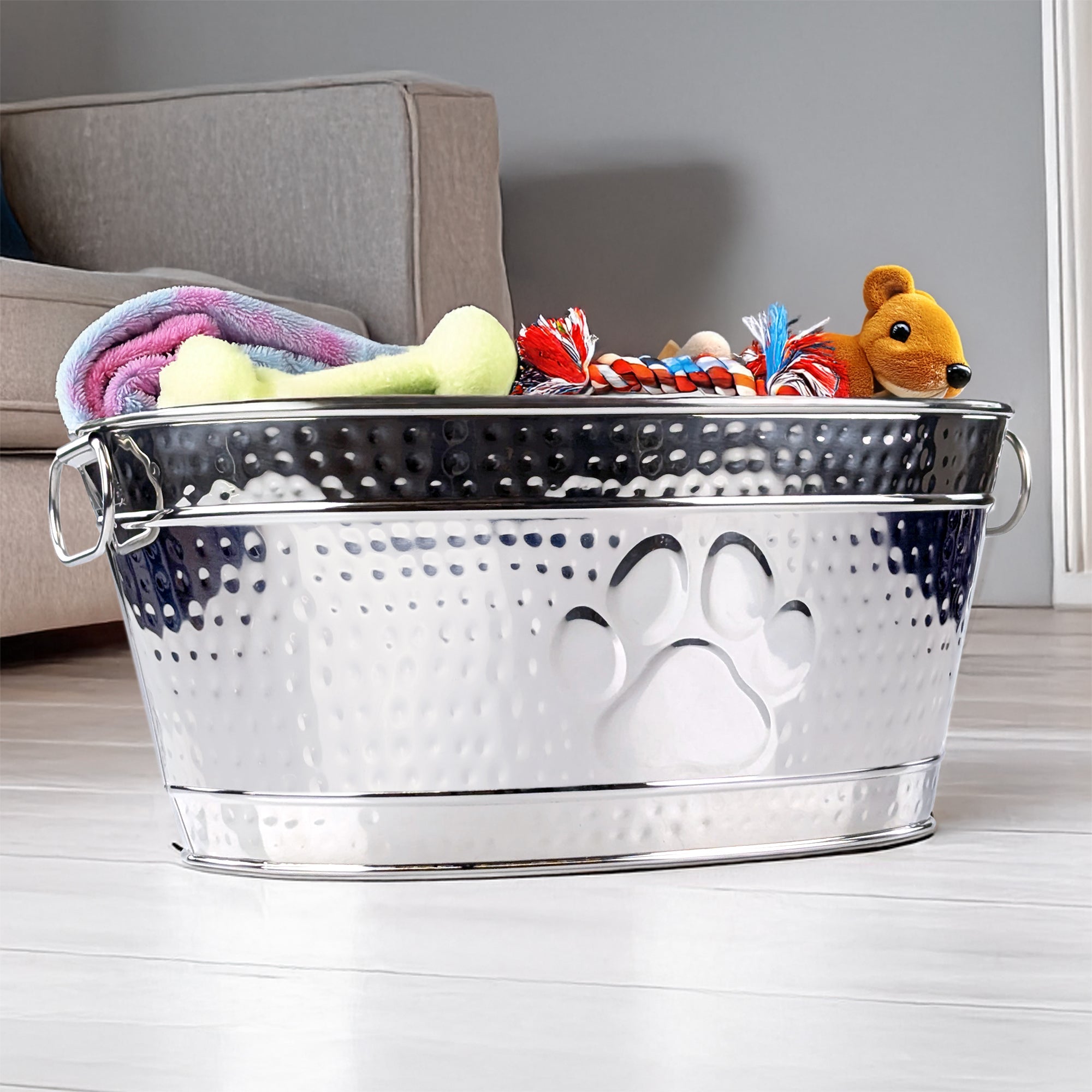 Stainless Steel Dog Toy Storage Bin – Medium, Embossed Paw Print | BREKX