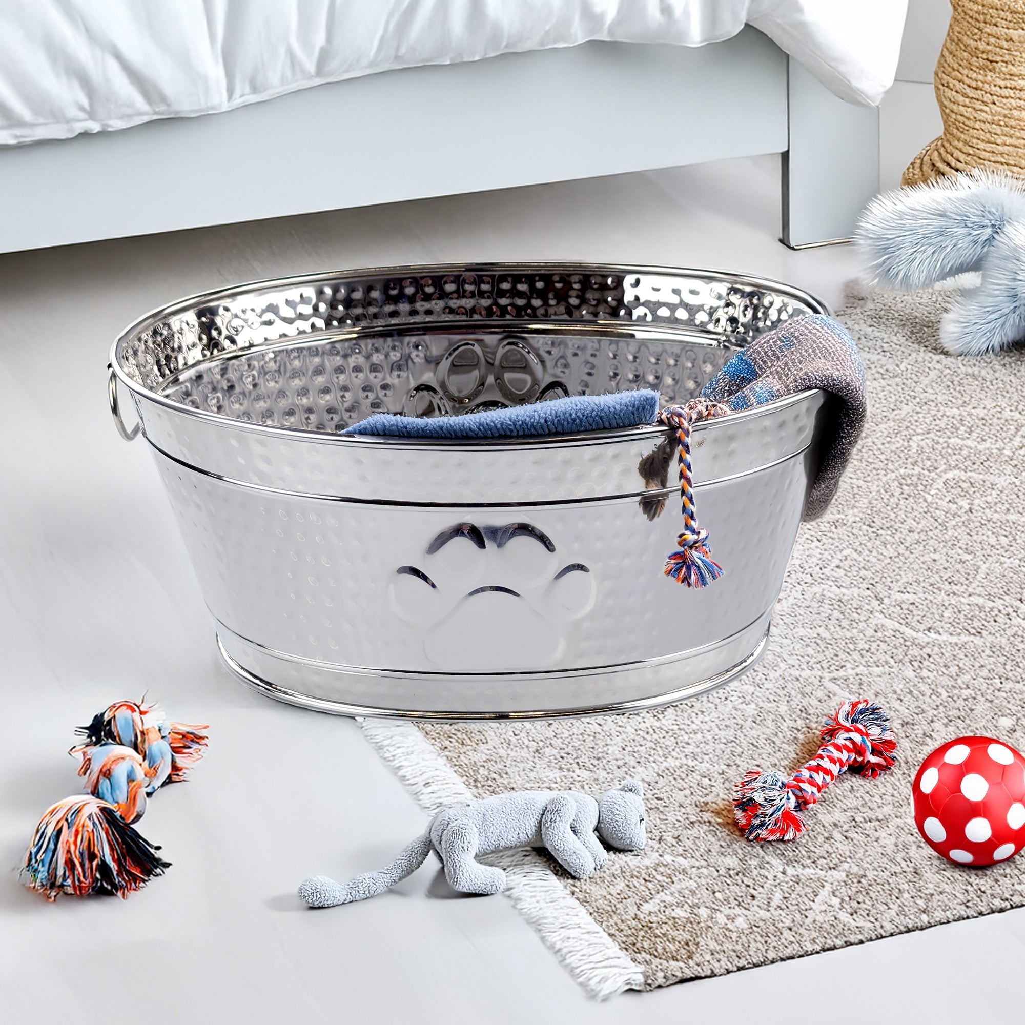 Stainless Steel Dog Toy Storage Bin – Medium, Embossed Paw Print | BREKX