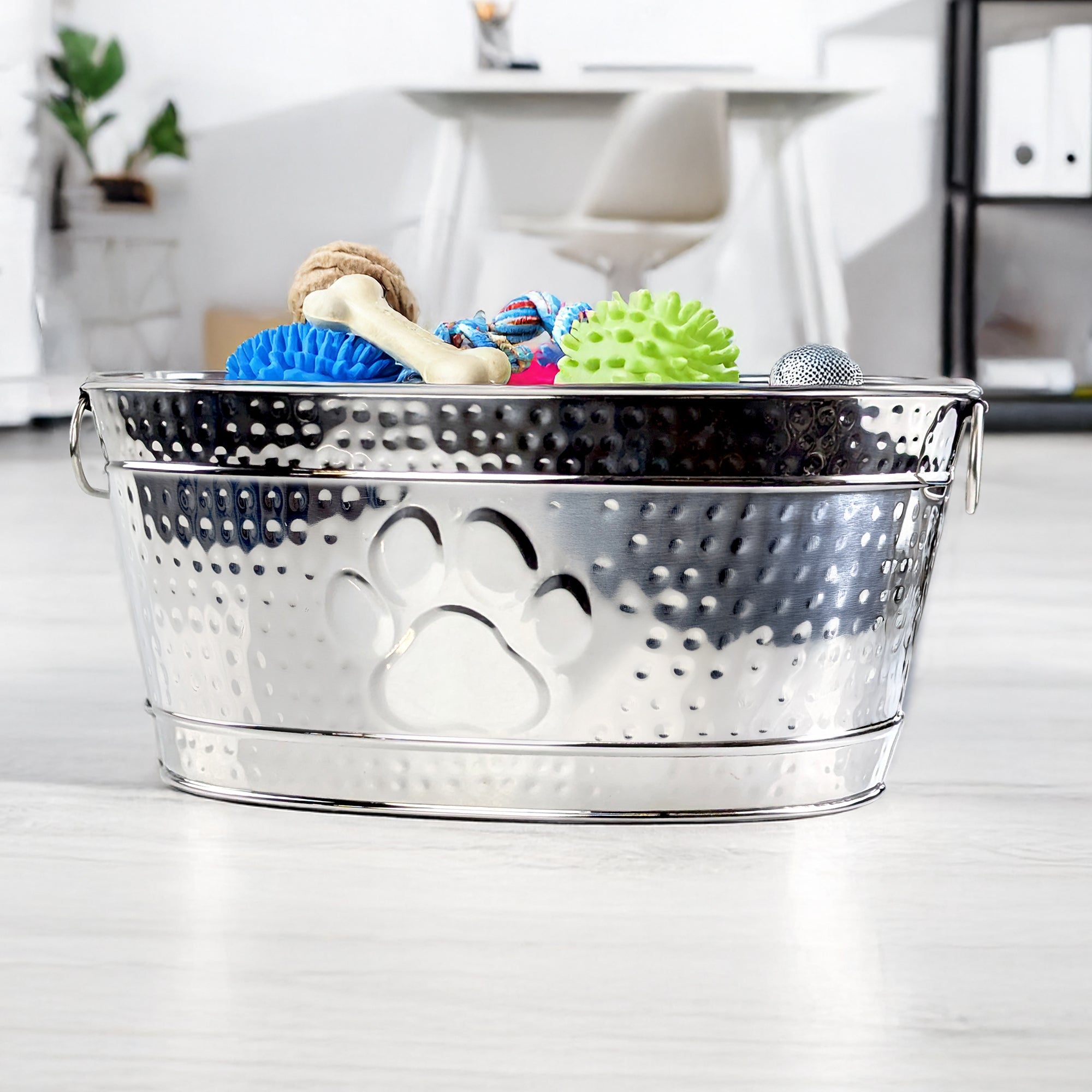 Stainless Steel Dog Toy Storage Bin – Medium, Embossed Paw Print | BREKX