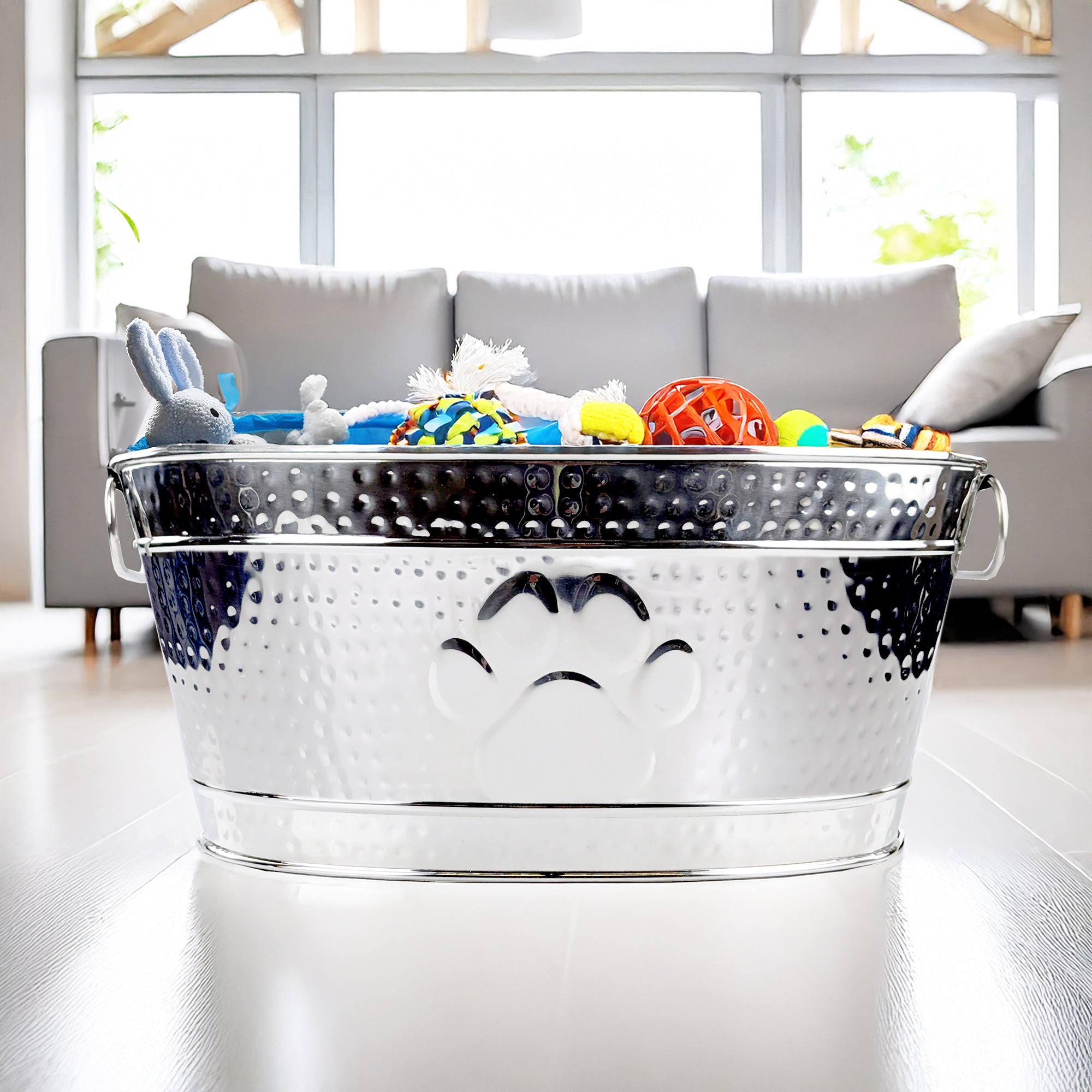 Stainless Steel Dog Toy Storage Bin – Medium, Embossed Paw Print | BREKX