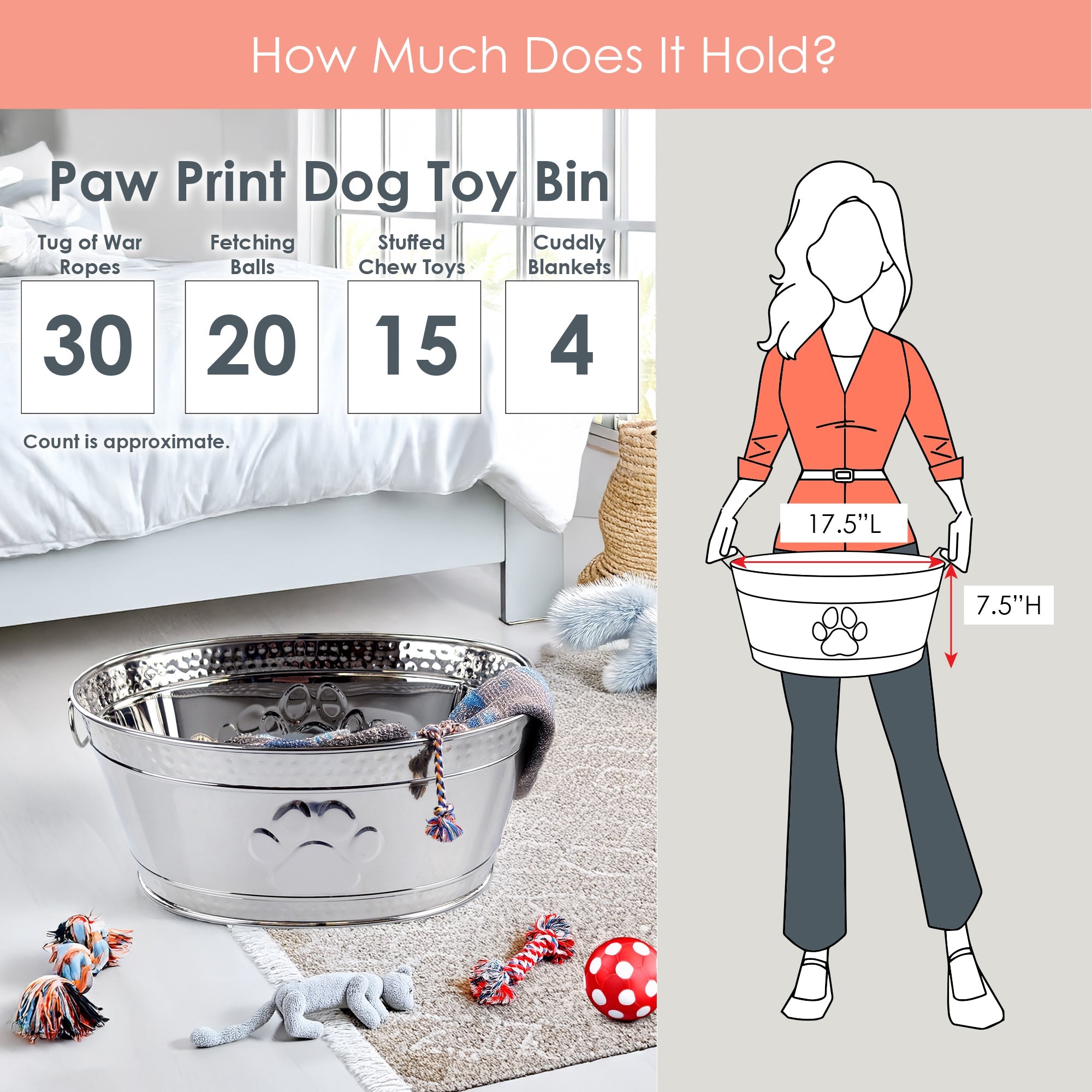 Stainless Steel Dog Toy Storage Bin – Medium, Embossed Paw Print | BREKX