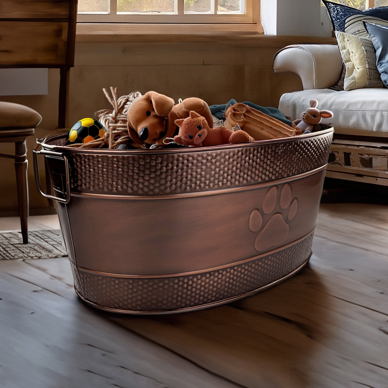 Dog Toy Bin Indestructible - Embossed Paw Print - Copper Large | BREKX