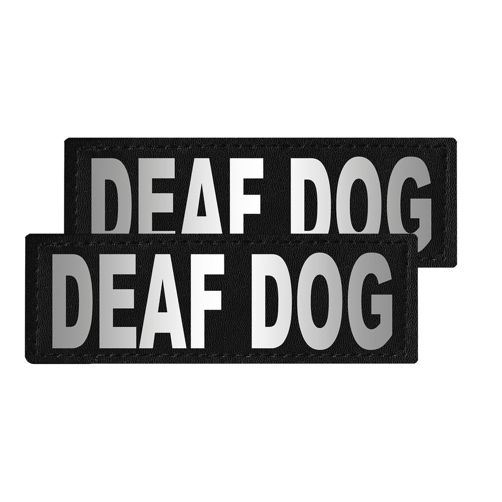 Two 'DEAF DOG' patches on a white background