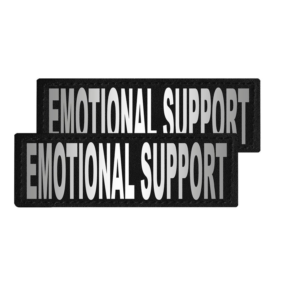 Two black patches with 'EMOTIONAL SUPPORT' text on a white background