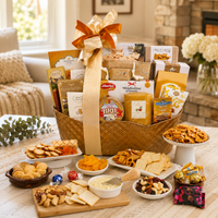 A deluxe gourmet gift basket filled with assorted packaged snacks, crackers, cookies, chocolate candy, cheese and treats, styled on a table with additional food items and serving bowls in a bright, elegant dining room setting.