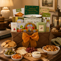 A sweet and savory gourmet gift basket filled with assorted dried fruit, nuts, olives, cheese, crackers, caramel popcorn, chocolate truffle candy and tea, styled on a wooden table with cheese, grapes, olives, and pretzels in a warm, cozy dining room setting.