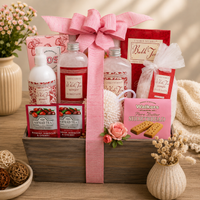 Gift basket with Walker's Shortbread Fingers (1oz.), Ahmad Rosehip Tea (2 pkgs.), Strawberry Filled Shortbread Cookies (2oz.), Pink Strawberry Frose (1oz.), Lauren Nichole Warm Tea &amp; Ginger Bath Tea, Lauren Nichole Warm Tea &amp; Ginger Bath Salts (16oz.), Lauren Nichole White Tea &amp; Ginger Shower Gel (12oz.), Lauren Nichole White Tea &amp; Ginger Bubble Bath (8oz.), Lauren Nichole White Tea &amp; Ginger Body Lotion (9.1fl oz.), Bath Puff, Reusable rustic Wood Crate