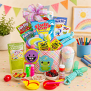 kid's gift basket with Cotton Candy, Fun Dip, Sour Patch, Swedish Fish, Red Vines Licorice, Jump Rope, Classic Putty, 3 Way Bubbles, Paddle Ball, all in a Colorful Gingham Basket