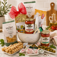 Taste of Italy Pasta gift basket with Ghirardelli Tasting Squares candy (3), Green Olives (1.1oz.), Organic Marinara pasta Sauce (24oz.), Strawberry Cookies (3.5oz.), Organic Garofalo Pasta (17.6oz.), Amaretti Cookies, Ceramic Olive Dish, Beautiful White Pasta Strainer