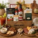 Cocktail bloody mary Gourmet gift basket with drink mix, bar mix snacks, olives, cheese, dip, crackers, lime, hot sauce and pretzels all in a rustic farmers market wood crate
