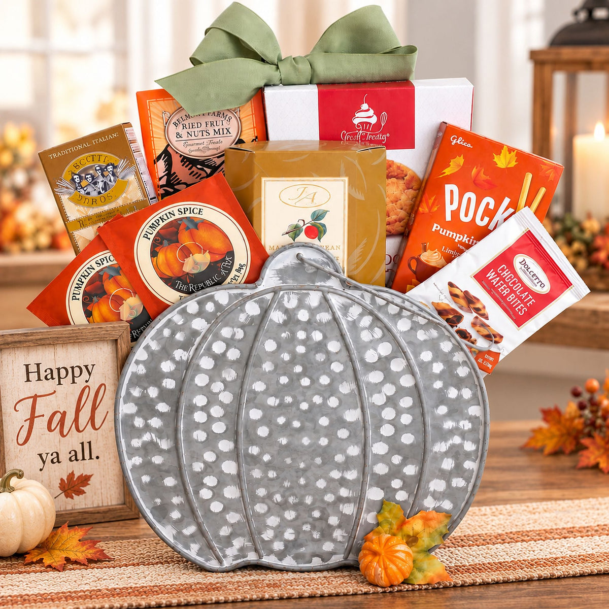An autumn-themed gift basket, perfect for Thanksgiving, filled with seasonal treats in an adorable metal pumpkin container with boxed cookies, pumpkin spice mix, chocolate mix, and a green ribbon bow, styled on a table with fall decor.