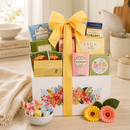 Gift basket with floral design and colorful packaging on a table. Filled with cookies, truffles, candy, hot chocolate mix, caramel, flower seeds