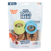 West Paw Refill Toppl Treat package in a resealable stand-up pouch. The front shows the West Paw logo, the text 'REFILL TOPPL TREAT', two sample treat cups in lime green and light blue, and dog treats visible through a clear window.
