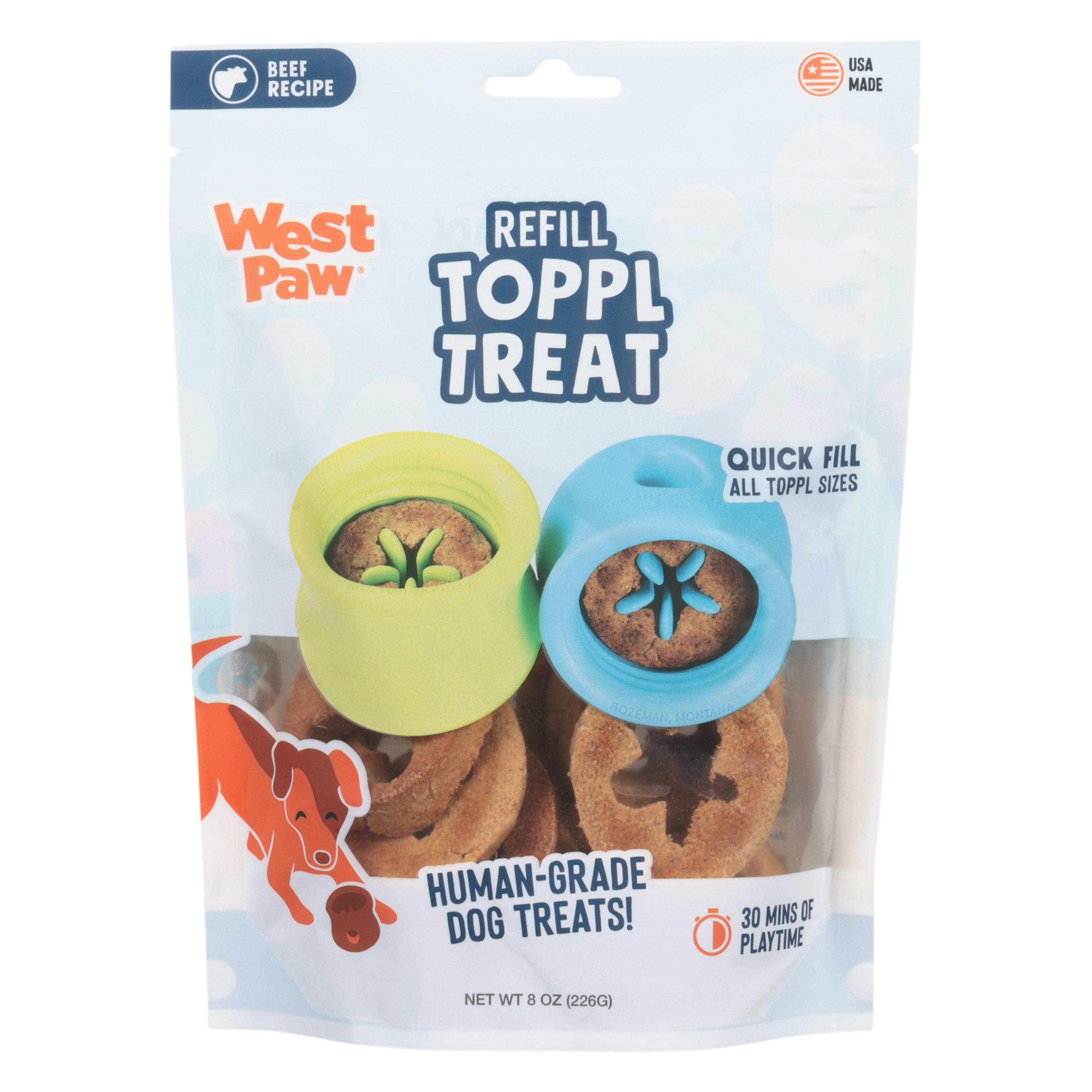 West Paw Refill Toppl Treat package in a resealable stand-up pouch. The front shows the West Paw logo, the text 'REFILL TOPPL TREAT', two sample treat cups in lime green and light blue, and dog treats visible through a clear window.